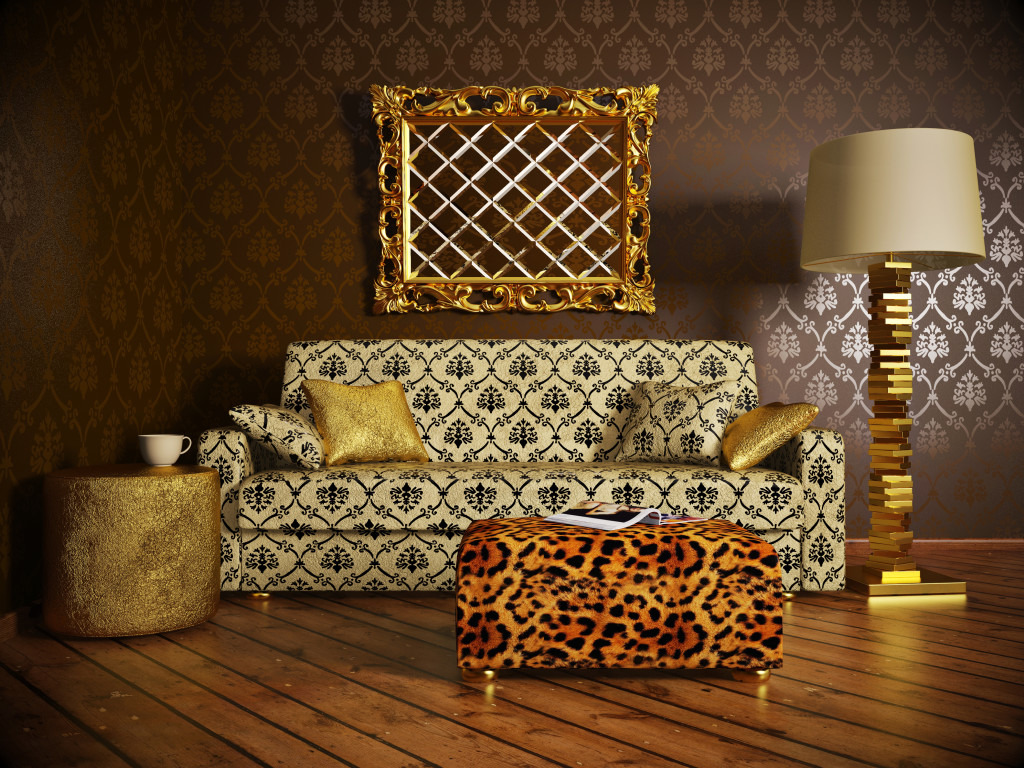 gold luxurious interior with brown wall and gold frame